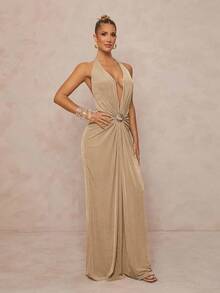 Lumalex Champagne Gold Summer Elegant Dining Women Dress,Halter Neck Deep V Plunge Ruched Crystal Shell Brooch Backless Bodycon Maxi Metallic Party Wedding - Apricot - View 7