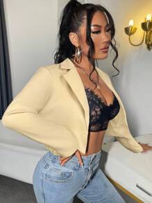 SHEIN SXY Women's Notched Collar Raglan Sleeve Short Casual Solid Color Blazer In Fall/Winter - Apricot - View 4