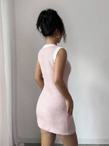 SHEIN Raffinéa 撞色修身圆领无袖毛衣裙 - 粉色 - 查看 2