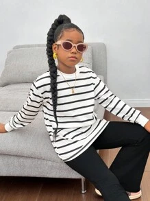 青少年女孩休闲条纹圆领套头衫 - 黑與白 - 查看 1