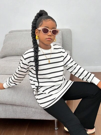 Tween Girl Casual Striped Crew Neck Pullover Sweatshirt,In Fall/Winter