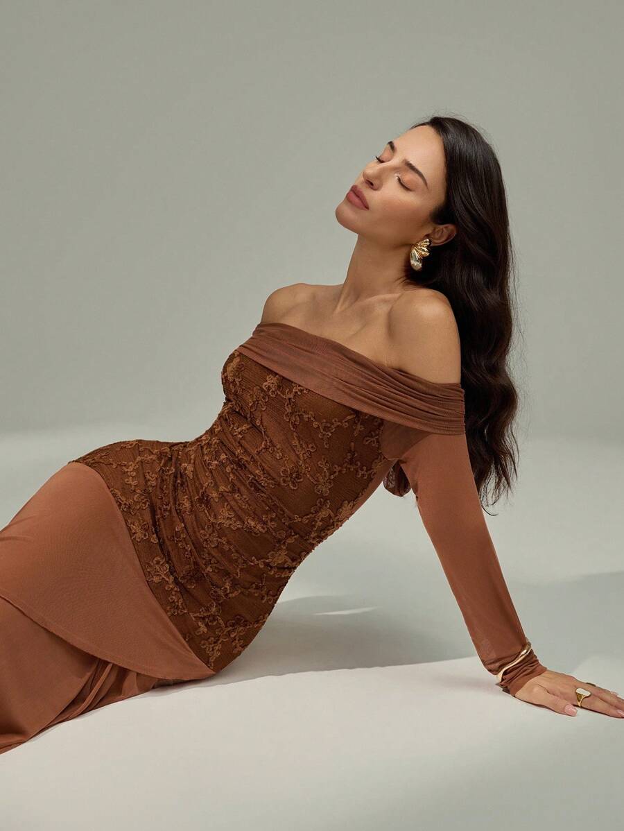 Modelyn 女士纯色刺绣露肩优雅中长连衣裙，时尚、休闲、优雅的女士秋季连衣裙，适合派对、生日和晚会，万圣节服装，以及适合妈妈的连衣裙。时尚、优雅的女士亮片印花植绒面料和弹力面料连衣裙。 - 棕色 - 查看 1