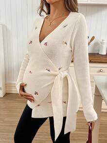 SHEIN 孕妇休闲刺绣系带裹身毛衣，秋冬 - 白色 - 查看 3