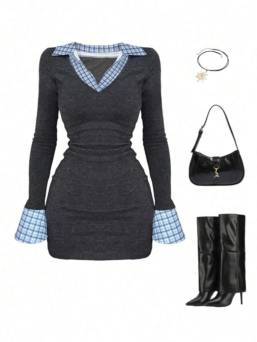 SHEIN Women's Plaid Patchwork Waist Cinched Midi Dress Fall Cloth For Women - Dark Grey - View 1