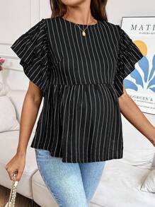 SHEIN Pregnant Women's Round Neck Cap Sleeve Ruffle Striped Casual T-Shirt, Summer - Black - View 4