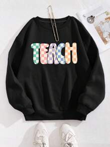 EMERY ROSE Plus Size Women Teacher Graphic Print Casual Sweatshirt, Round Neck Long Sleeve Pullover, Suitable For Autumn/Winter,Long Sleeve Tops Graduation,Back To School,Graduation,Teacher ,Back To School Fall