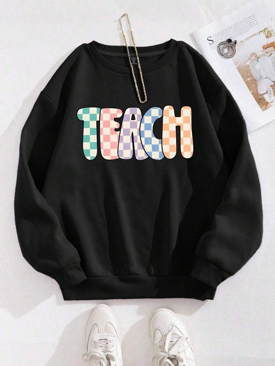 EMERY ROSE Plus Size Women Teacher Graphic Print Casual Sweatshirt, Round Neck Long Sleeve Pullover, Suitable For Autumn/Winter,Long Sleeve Tops Graduation,Back To School,Graduation,Teacher ,Back To School Fall