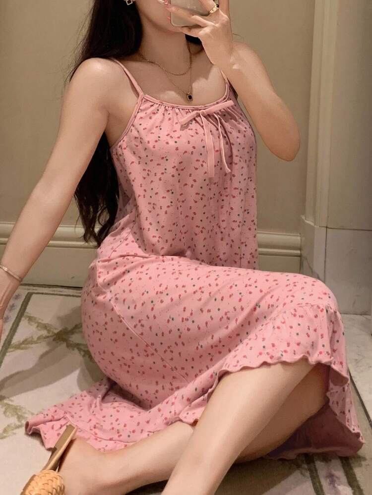 Floral Minimalist Daily Wear Sleeveless Ruffle Hem Women's Nightgown Pajama