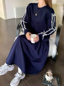 1. 海军蓝圆领卫衣裙，蕾丝蝴蝶结装饰卫衣裙，少女甜美保暖衬里卫衣裙，可爱休闲裙 - 藏蓝色 - 查看 2