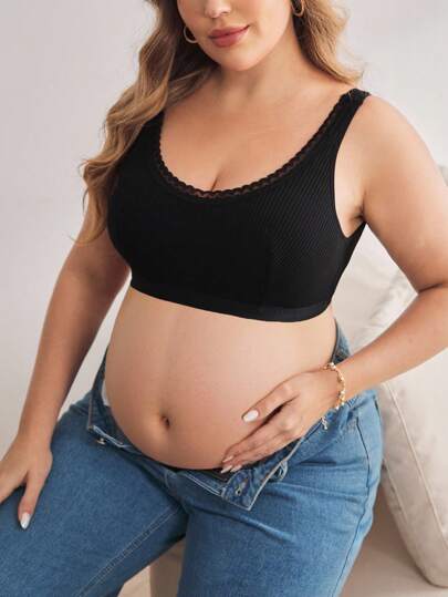 BloomMama Plus Size Women Comfortable Solid Color Lace Trim Maternity Nursing Bra