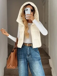 Easowa 前拉链连帽纹理无袖夹克，休闲宽松通勤复古风格棉服外套，女士羽绒背心，粗针织背心，秋冬连帽背心 - 杏色 - 查看 5