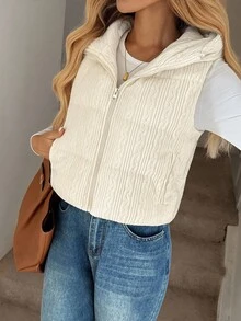 Easowa 前拉链连帽纹理无袖夹克，休闲宽松通勤复古风格棉服外套，女士羽绒背心，粗针织背心，秋冬连帽背心 - 杏色 - 查看 7