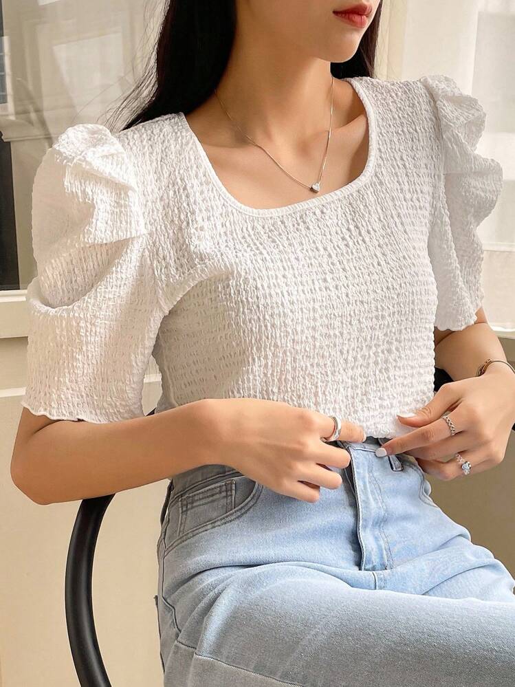 DAZY Scoop Cổ Ống tay áo Áo thun - trắng - Xem 4