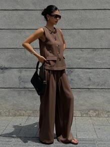DAZY 2 件套极简主义复古硬币设计无袖圆领单排扣背心和裤子套装，高端时尚 - 棕色 - 查看 6
