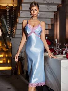 SHEIN Contrast Color Lace Patchwork Slim Fit Backless Camisole Nightgown For Women - Blue - View 3