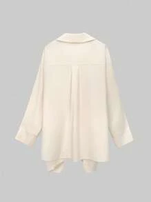 SHEIN LUNE Plus Size Casual Solid Color Tie Waist Shirt And Pants 2Pcs Set - Apricot - View 3