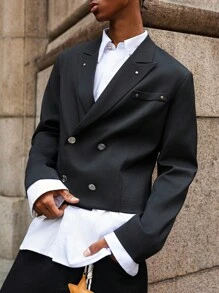 Manfinity EMRG Black Short Casual Blazer Jacket With Double-Breasted Metal Rivet Design, And Versatile, Great Gift For Boyfriend Or Husband , Cropped Blazer Men , Men Short Blazer , Double Breasted Blazer Men , - Black - View 1