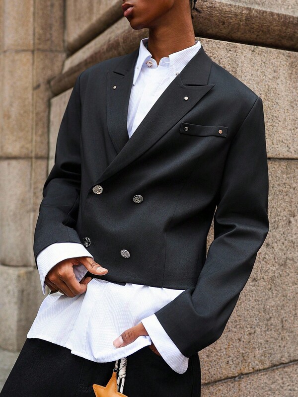 Manfinity EMRG Black Short Casual Blazer Jacket With Double-Breasted Metal Rivet Design, And Versatile, Great Gift For Boyfriend Or Husband , Cropped Blazer Men , Men Short Blazer , Double Breasted Blazer Men ,