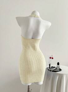 Rafferiza Nouvelle robe courte moulante à col ras-du-cou et dos nu en tricot sexy pour femmes, vêtements d'été en tricot jaune crème pour l'université - Jaune citron - Voir 2