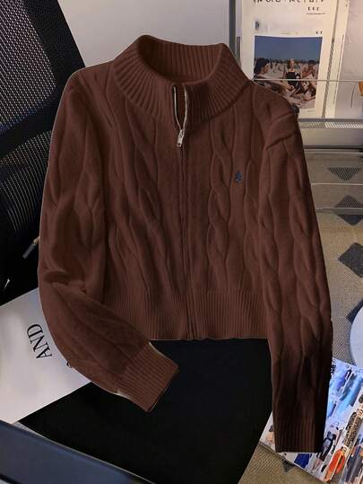 SHEIN MOOSTA 秋季大码女式麻花图案长袖拉链休闲针织开衫