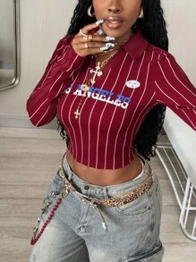 Coolane Women's Fall Concert Rave Festival Going Out Streetwear Y2K Vintage Graphics Burgundy Lapel Long Sleeve Tees Striped Crop Top Christmas - Burgundy - View 5