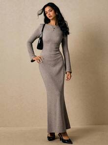 Poéselle Women's Dresses Knitted Dresses Backless Women's Long Dresses Long Sleeve Dresses Basic Dresses Lounge Dresses Brown Dresses Women's Solid Color Round Neck Raglan Sleeve Fitted Dress Fall Clothes For Women Autumn Clothes Fall Outfits For Women Women's Winter Clothes Fall Dresses For Women Winter Dress Women Dresses For Women Casual