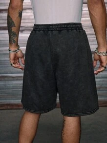 AXEPEAK Men's Elastic Waist Rhinestone Cross Pattern Pocket Loose Shorts - Black - View 2