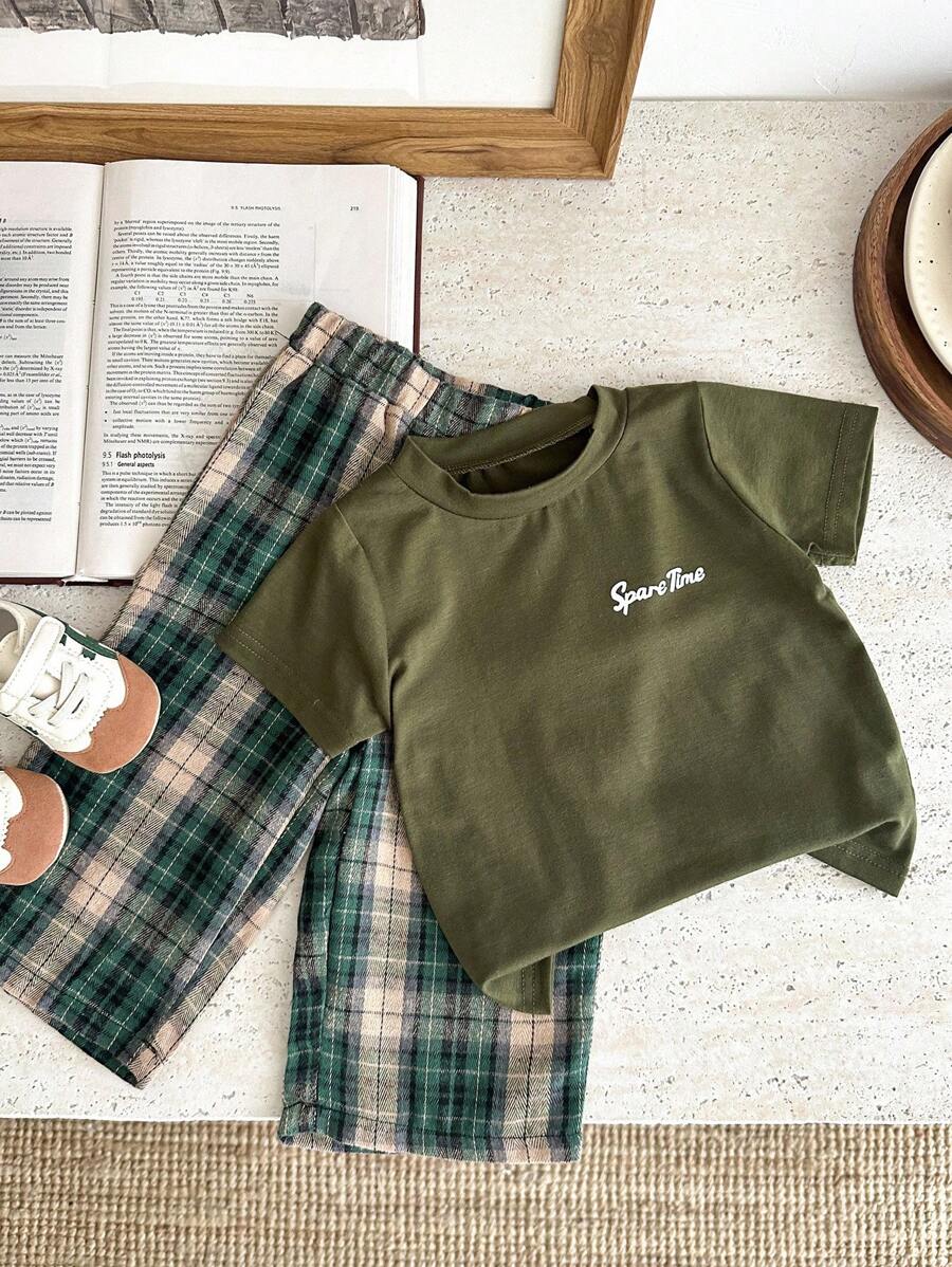 SHEIN 2pcs Baby Boy Toddler Newborn 0-3 Years Old Casual Long Sleeve T-Shirt + Plaid Pants Set, Suitable For Autumn/Winter And All Seasons