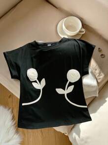 Comfortcana Damen Kontrast-Farben Blumen 3D Dekoration Rundhals Bluse - Schwarz - Übersicht 6