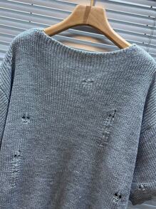 Manfinity Homme Men's Solid Color Distressed Crew Neck Casual Short Sleeve Knit Top, Summer - Light Grey - View 5