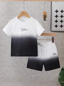 Young Boy Round Neck Regular Shoulder Short Sleeve Ombre T-Shirt And Shorts Set, Casual Summer Outfit - Black - View 8