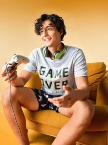 Men Slogan Graphic PJ Set / Pajama Set - Multicolor - View 1