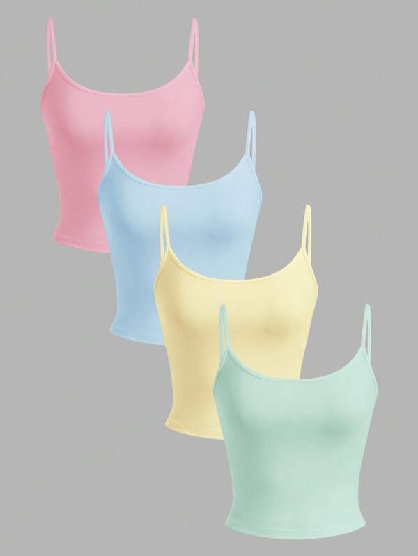 SHEIN EZwear 4pcs/Set Women's Tight Fitted Short Casual Tank Tops In Pink, Blue, Yellow, Green, Suitable For Summer