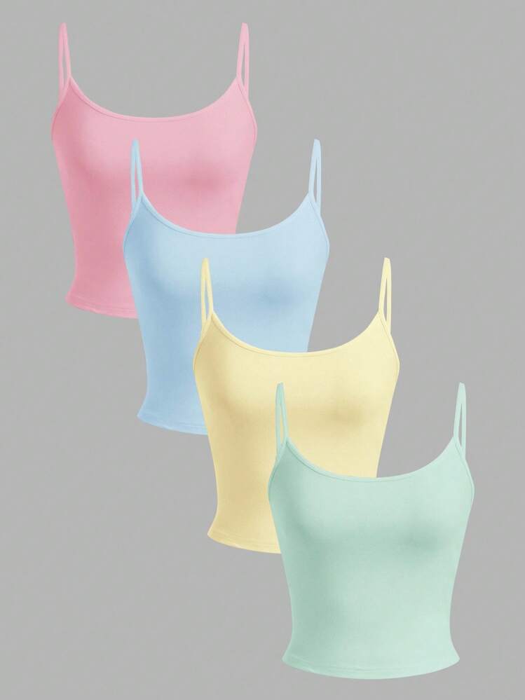 SHEIN EZwear 4pcs/Set Women's Tight Fitted Short Casual Tank Tops In Pink, Blue, Yellow, Green, Suitable For Summer - Multicolor - View 1