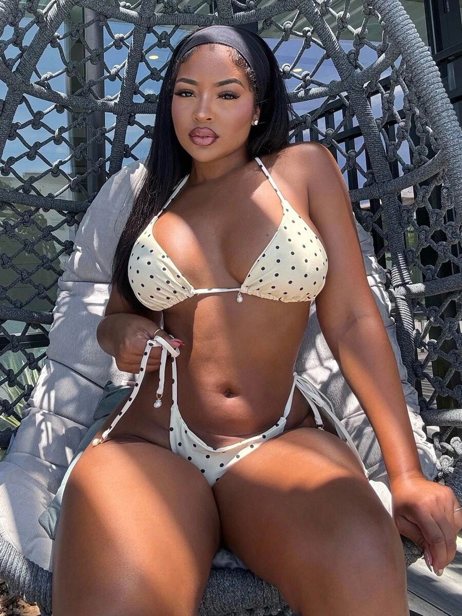 Alexandranx Bộ bikini buộc dây phía trước họa tiết chấm bi Springbreak dành cho nữ, họa tiết ngẫu nhiên - Màu vàng - Xem 1