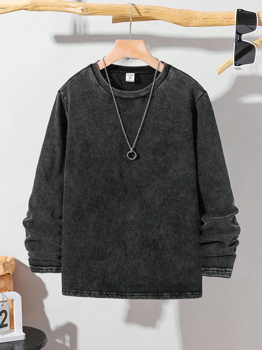 青少年男童休闲水洗色超大圆领长袖针织 T 恤,适合学校、花园、海滩、生日、春季、夏季、秋季、冬季 - 黑色 - 查看 1