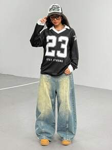 青少年女孩休闲宽松V领数码印花卫衣