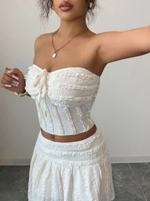 Chiquease Conjunto de 2 piezas de falda texturizada ajustada y elegante sin tirantes para mujer, atuendo para fiesta totalmente blanca de primavera/otoño