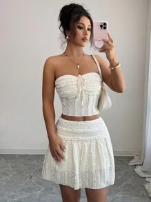 Chiquease Conjunto de 2 piezas de falda texturizada ajustada y elegante sin tirantes para mujer, atuendo para fiesta totalmente blanca de primavera/otoño