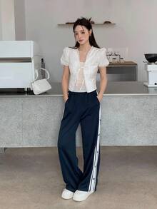 SHEIN Teen Girls Black Star Pattern Casual Loose Elastic Waist Sweatpants With Pockets - Navy Blue - View 3