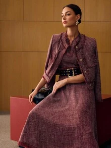 MOTF PREMIUM TWEED RAW TRIM BOXY JACKET, FALL WINTER - Burgundy - View 5