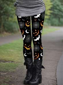 EMERY ROSE Spider Web And Bat Pattern Leggings, Halloween Pants, All-Season Casual Leggings, The Perfect Halloween Costume-Women's Wear Fall Cloth For Women - Multicolor - View 1