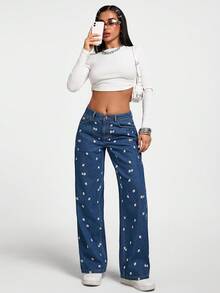 EURMUSE Low Waist Embroidery Detailed Straight Jean Daisy Jeans Flower Jeans Embellished Jeans Jeans With Embroidery Embroidered Jeans - Medium Wash - View 4