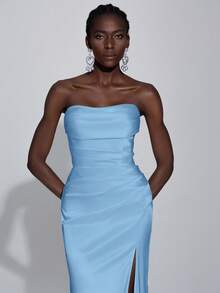 Elitara Váy cưới satin xẻ tà cao thanh lịch, không dây màu trơn dành cho nữ - Màu xanh nhạt - Xem 3