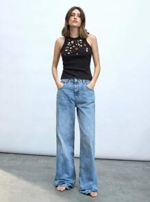 Maija 女士无袖金属花卉装饰圆领舒适背心，适合音乐节、派对、复古风格