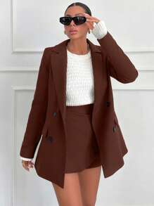 EURMUSE Lapel Neck Double Breasted Blazer - Brown - View 6