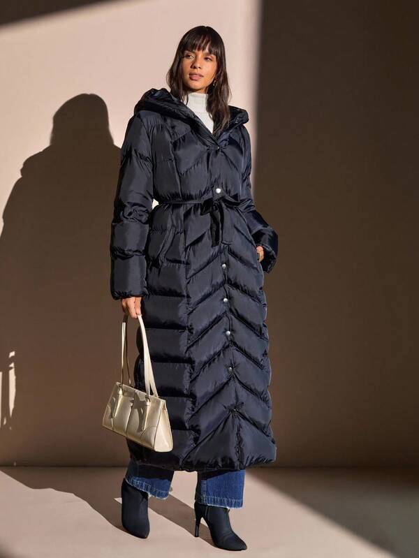 CLARA VERO Women Solid Color Belted And Pocket Detailed Long Winter Coats Winter Coats For Women Long Winter Coat Women Long Puffer Coat Women Long Padded Coat Women