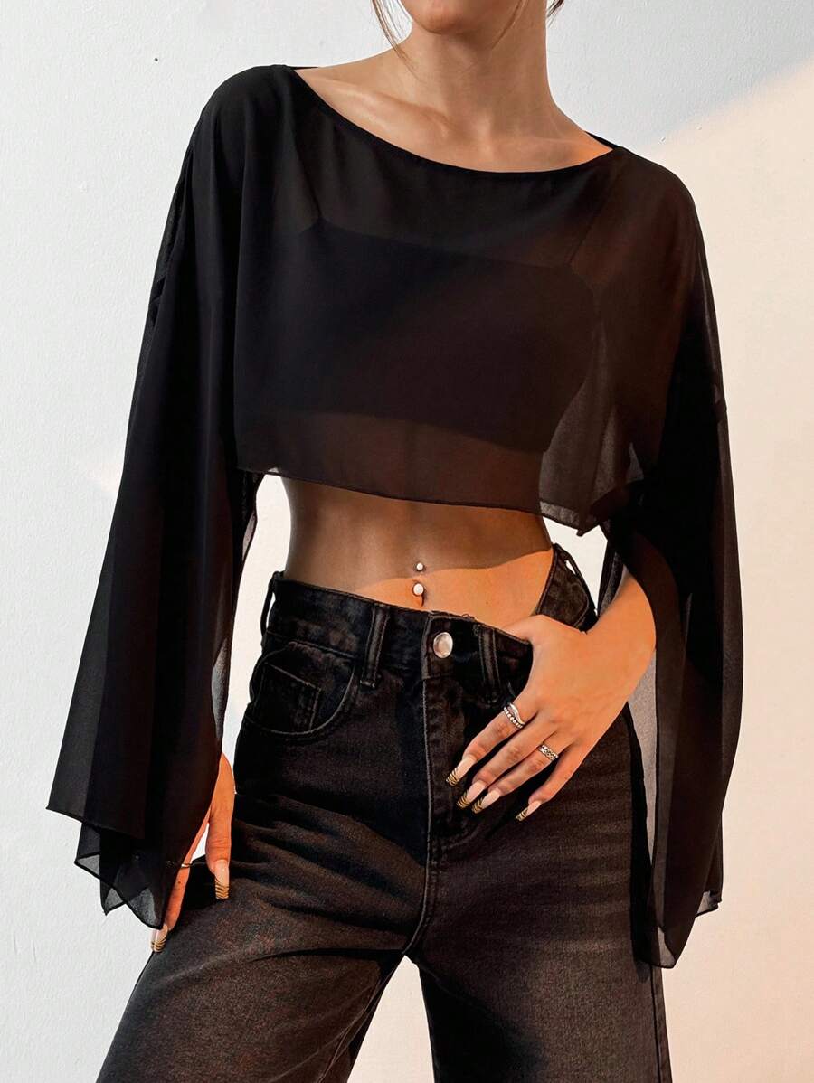 SHEIN EZwear 大码纯色圆领长袖透明简约休闲套头衫 - 黑色 - 查看 1