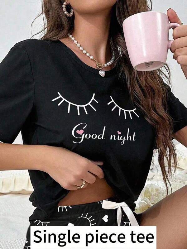 Eyelash Letter Print Crew Neck Knit Short Sleeve Sleepwear Top