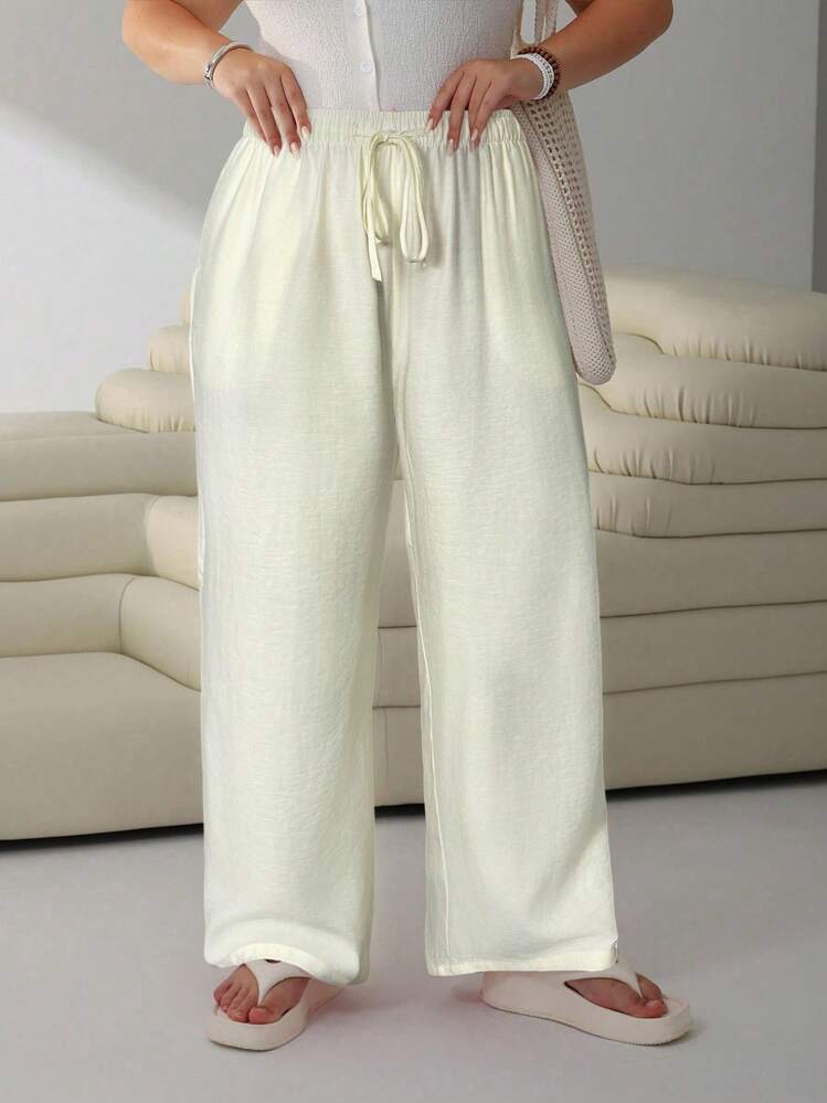 SHEIN EZwear Quần dài thường ngày có túi rút dây màu trơn cỡ lớn, mùa xuân/hè - Màu be - Xem 4
